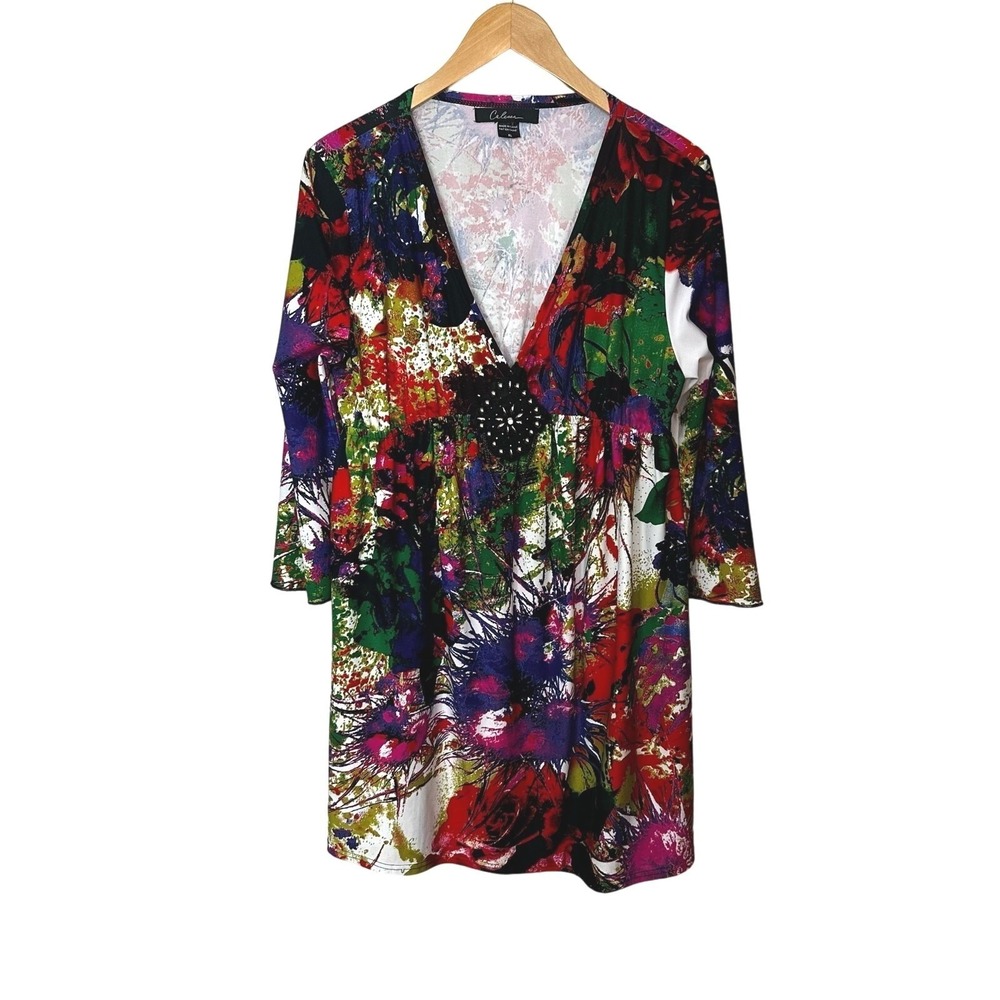 Calessa Beaded Dress Womens Size XL Vibrant Paint Splatter Floral Print V Neck - Picture 1 of 9